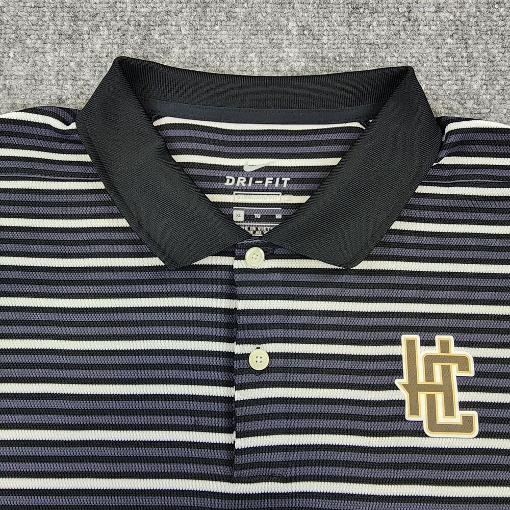 Nike Shirt Mens XL Black Gray Striped Polo Dri-Fit Standard Short Sleeve Logo